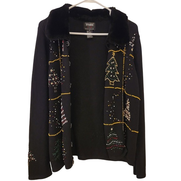 Studio Joy Sweater Cardigan Women M Black Beaded Christmas Trees Faux Fur Collar - Picture 2 of 11